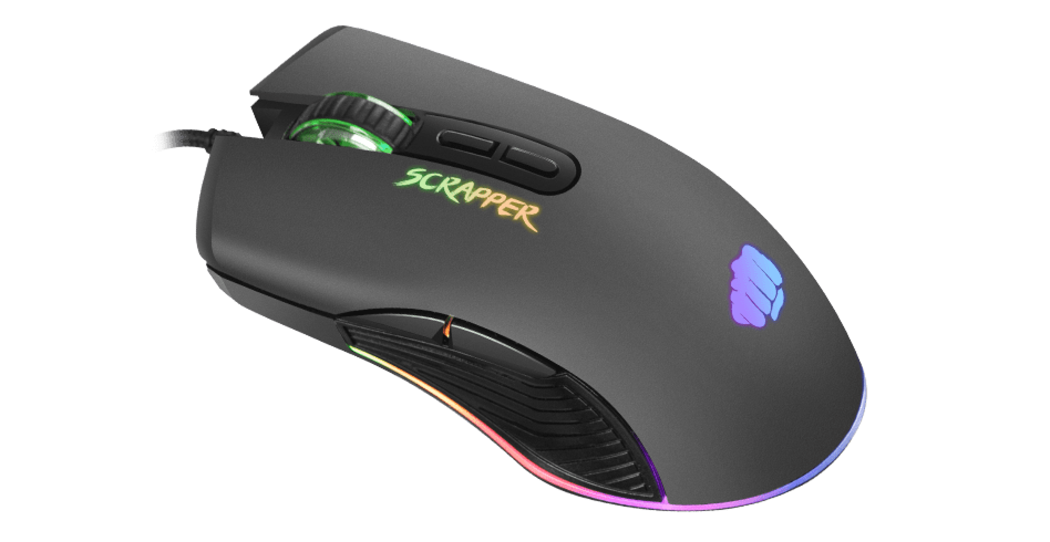 Czarna mysz do gier z podświetleniem RGB i czułością 6400 DPI, z logo "SCRAPPER" i wieloma programowalnymi przyciskami
