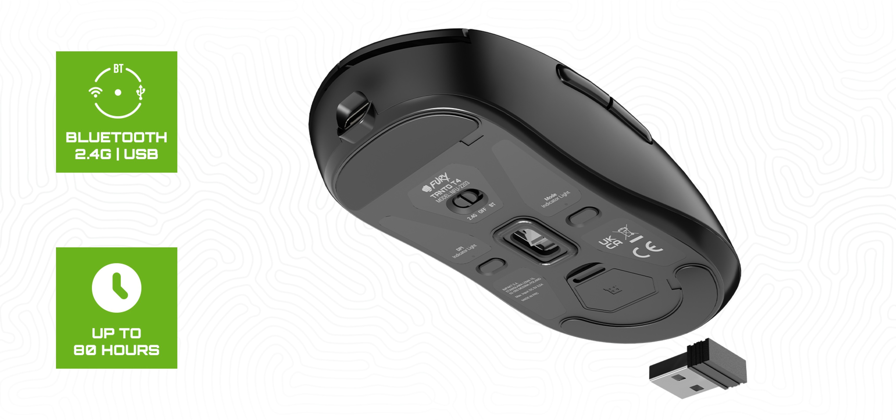 Bezprzewodowa mysz do gier w kolorze miętowym, z czułością 12 000 DPI oraz opcjami łączności Bluetooth i USB. Zawiera adapter USB