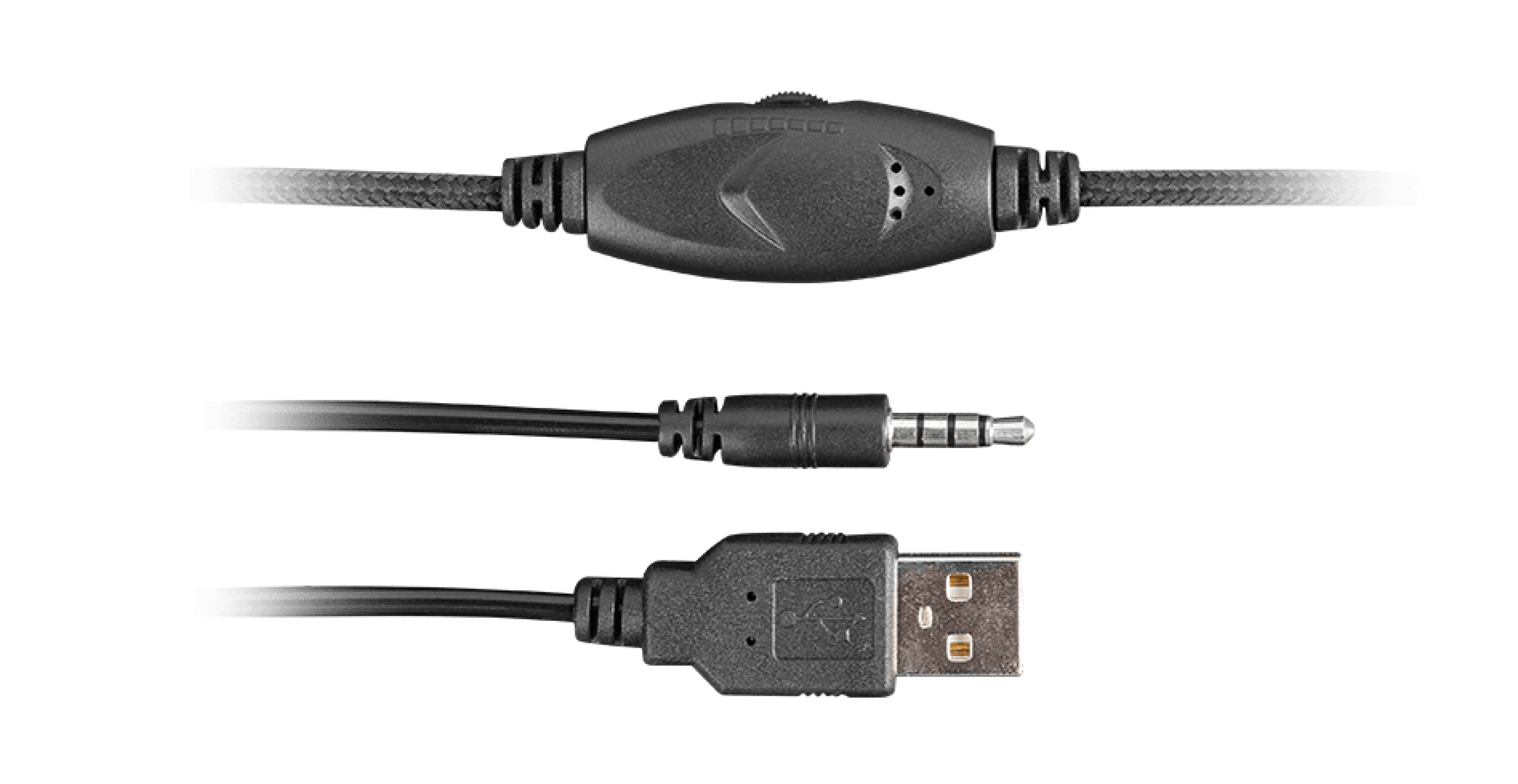 Przewody słuchawek Fury Phantom, w tym złącze USB i złącze audio 3,5 mm oraz regulator głośności