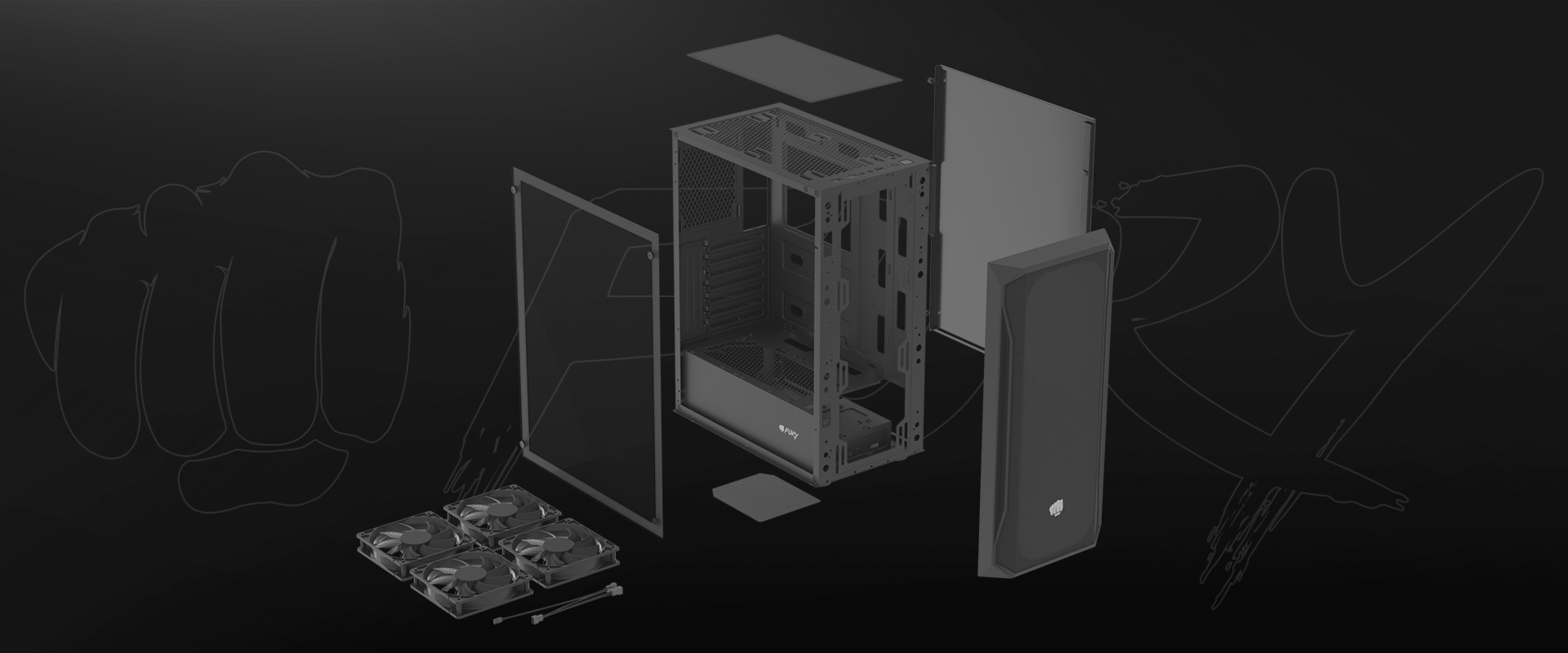 Czarna obudowa PC typu tower MIDI, Fury SH4F, z przezroczystym panelem bocznym i różnymi komponentami wyświetlanymi wokół niego