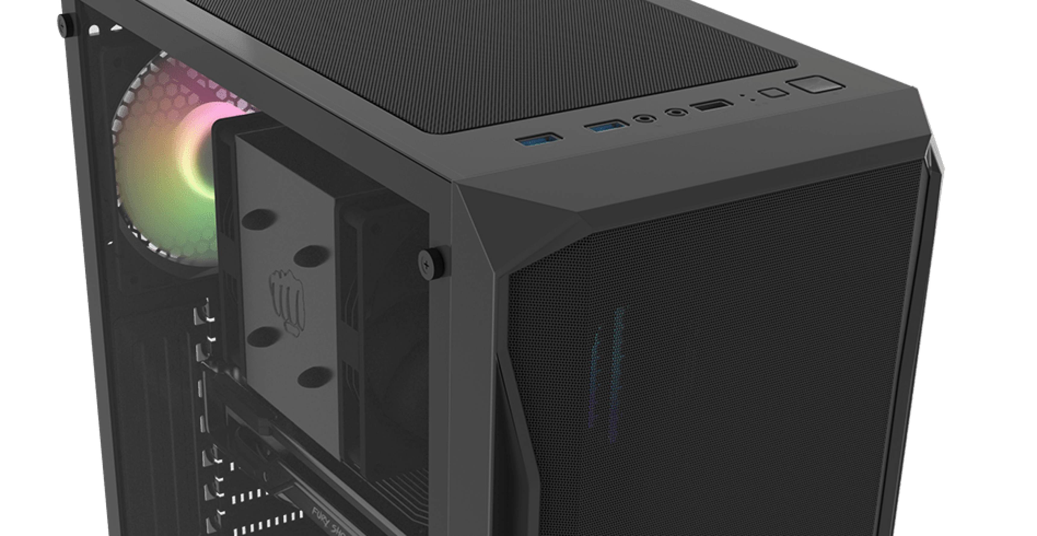 Czarna obudowa RGB MIDI tower PC z przezroczystym oknem i górną wentylacją, eksponująca wewnętrzne komponenty