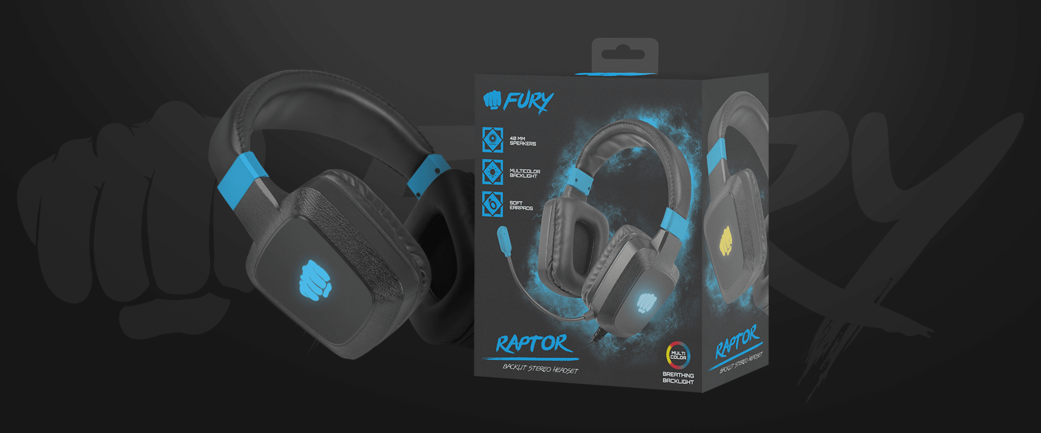 Czarno-niebieskie słuchawki nauszne FURY Raptor z mikrofonem i podświetleniem RGB, prezentowane wraz z opakowaniem.