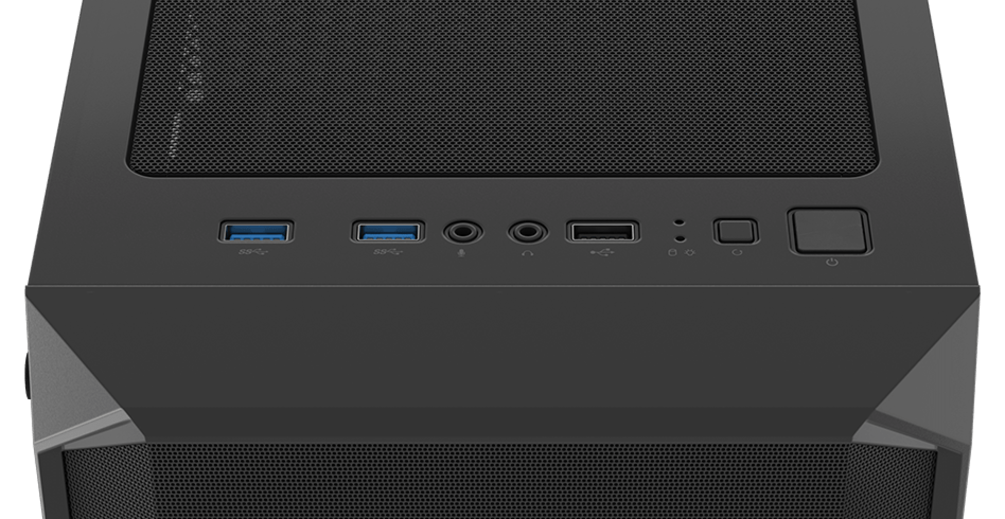 Czarna obudowa komputerowa midi tower RGB z bocznym oknem i górnym panelem wyposażonym w porty USB i gniazda audio