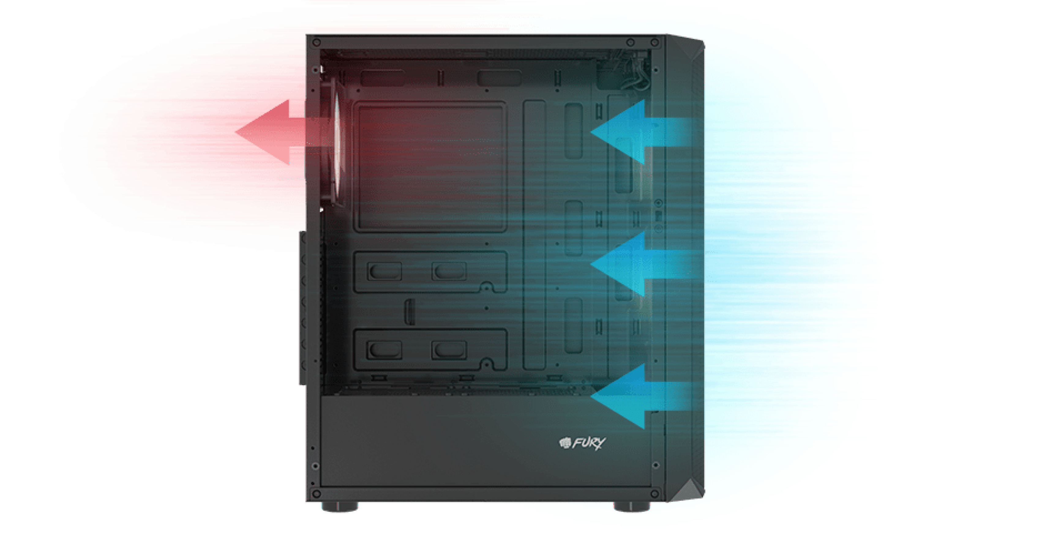 Obudowa midi tower Black Fury Shobo SH4F RGB z przezroczystym panelem bocznym i strzałkami przepływu powietrza wskazującymi kierunki chłodzenia