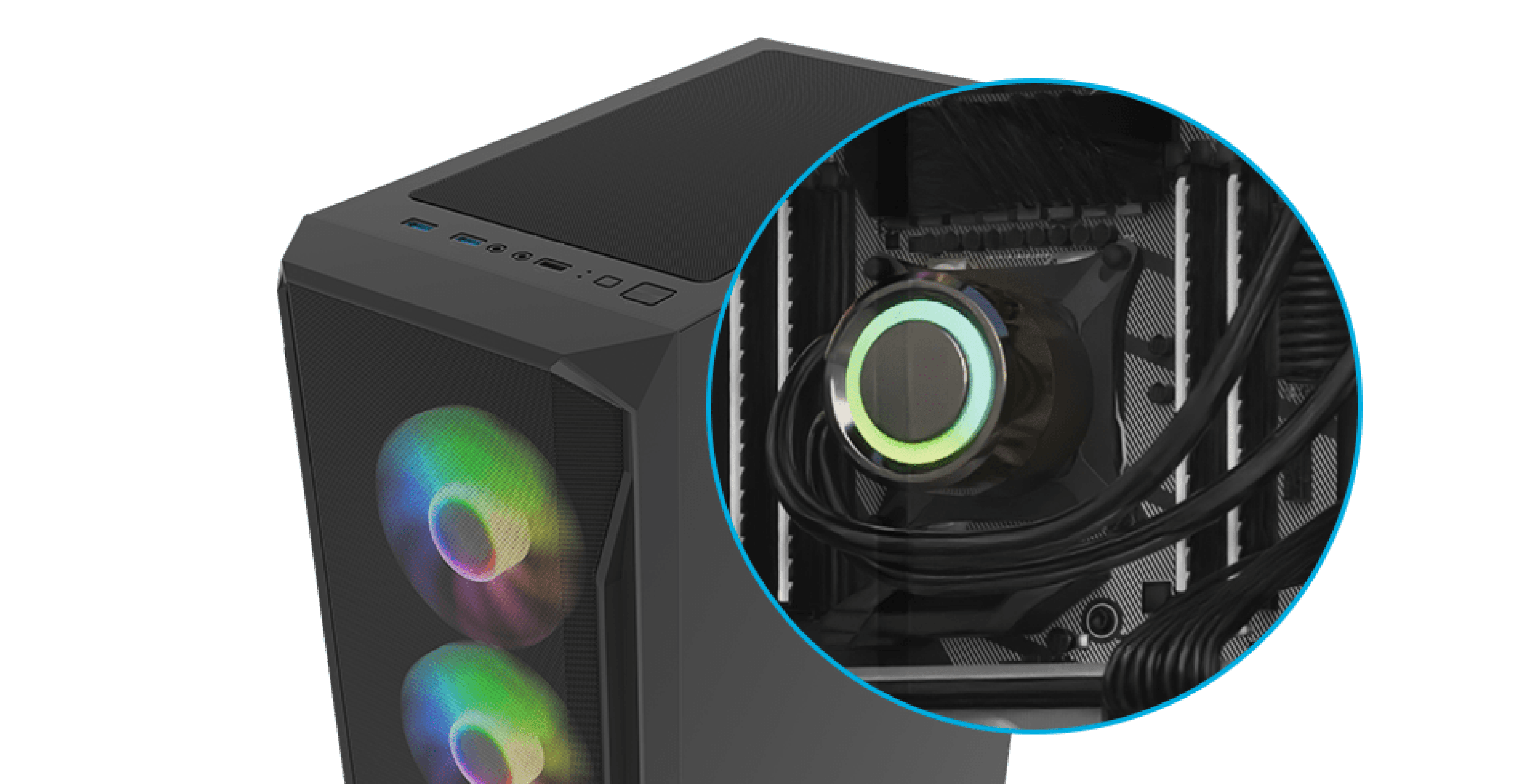 Czarna obudowa tower RGB MIDI z przezroczystym panelem bocznym i podświetlanymi wentylatorami widocznymi wewnątrz. Zbliżenie na wewnętrzny system chłodzenia