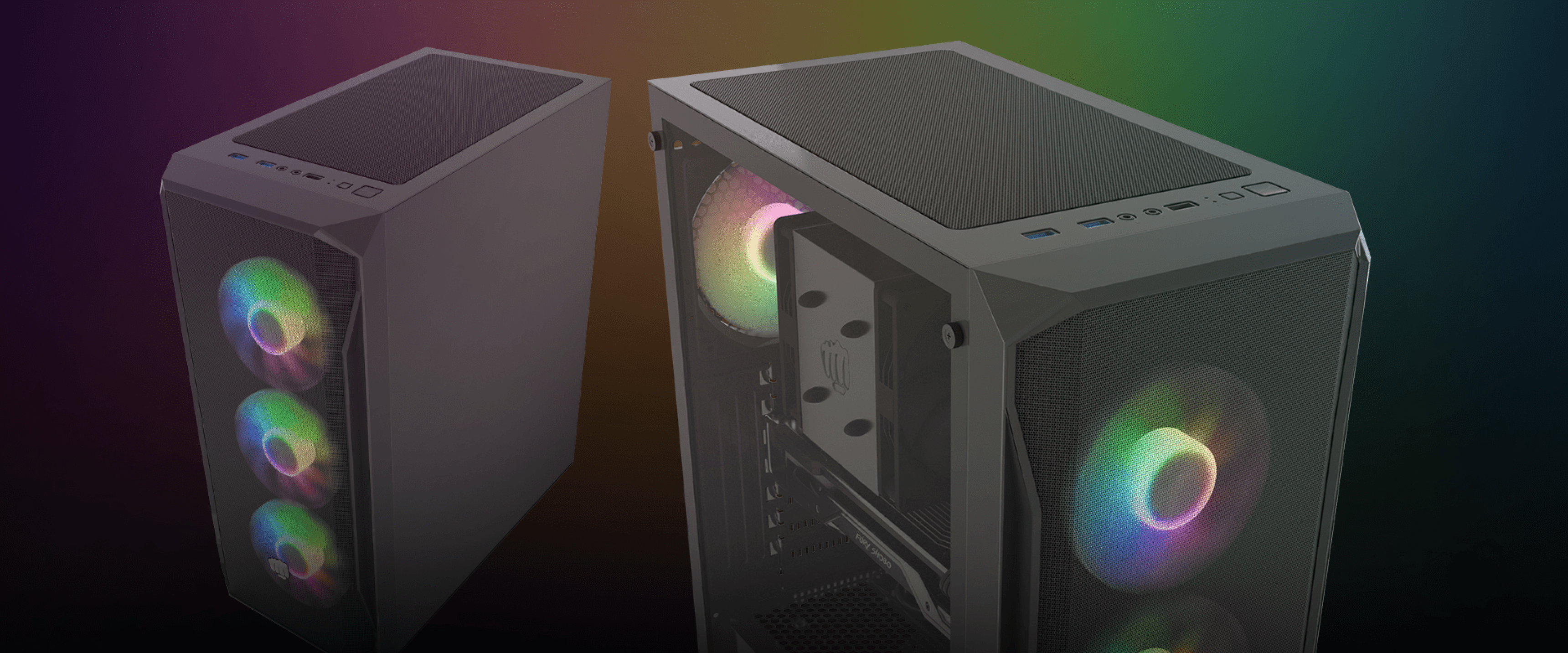 Czarna obudowa typu tower MIDI z panelem bocznym z hartowanego szkła i wentylatorami RGB o stylowym wyglądzie.