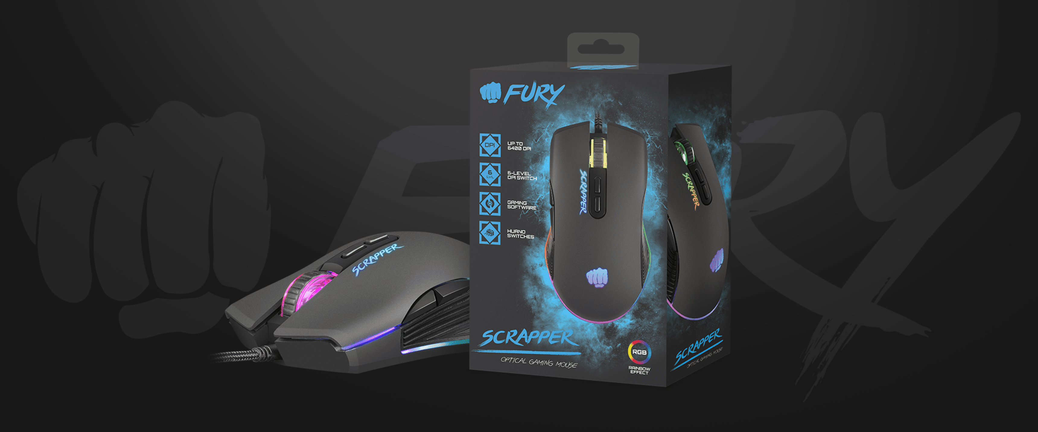 Mysz gamingowa Fury Scrapper z 6400 DPI, podświetleniem RGB i opakowaniem oprogramowania wyświetlanym na ciemnym tle