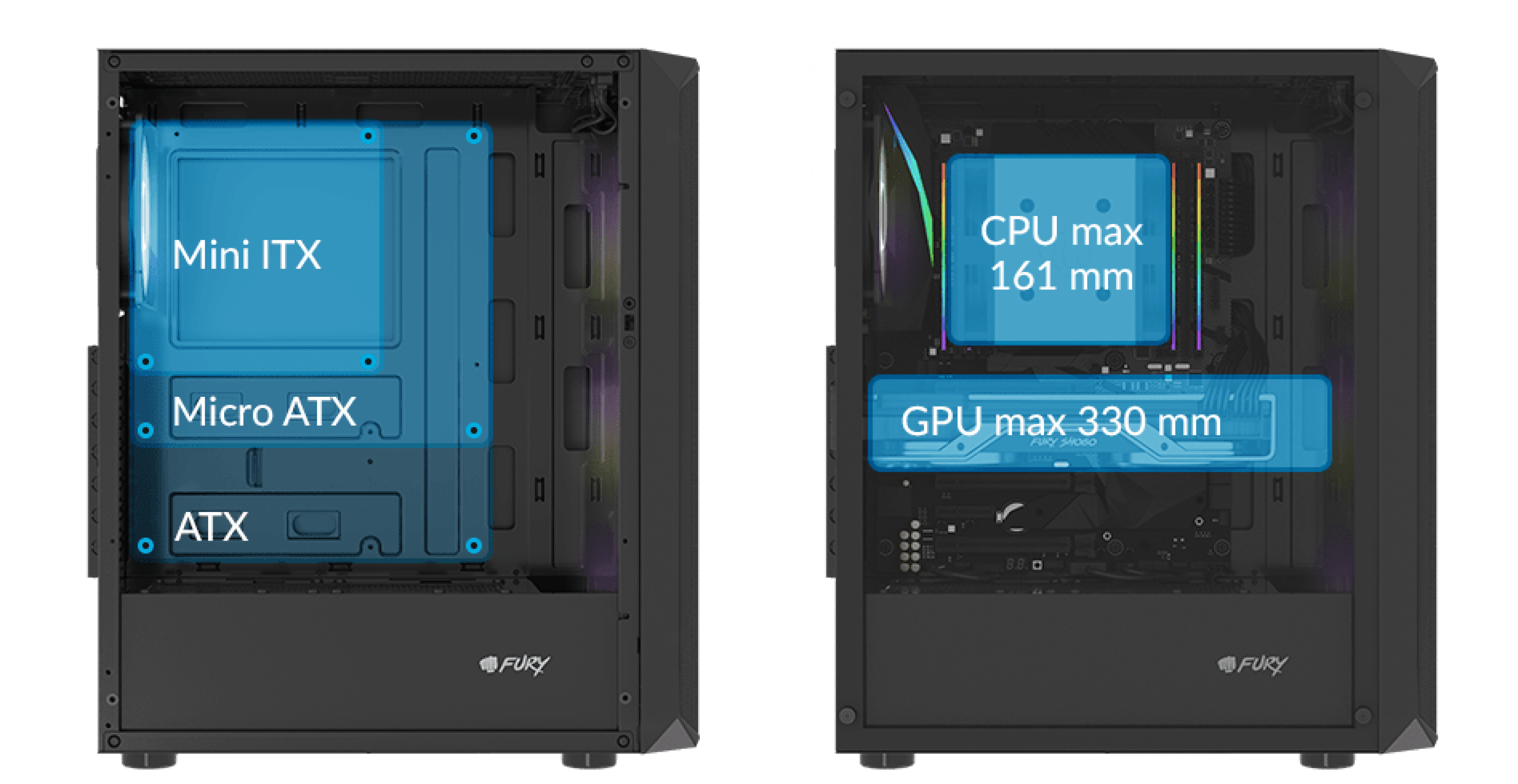 Czarna obudowa RGB MIDI typu tower z przezroczystym panelem bocznym, kompatybilna z płytami głównymi Mini ITX, Micro ATX i ATX.