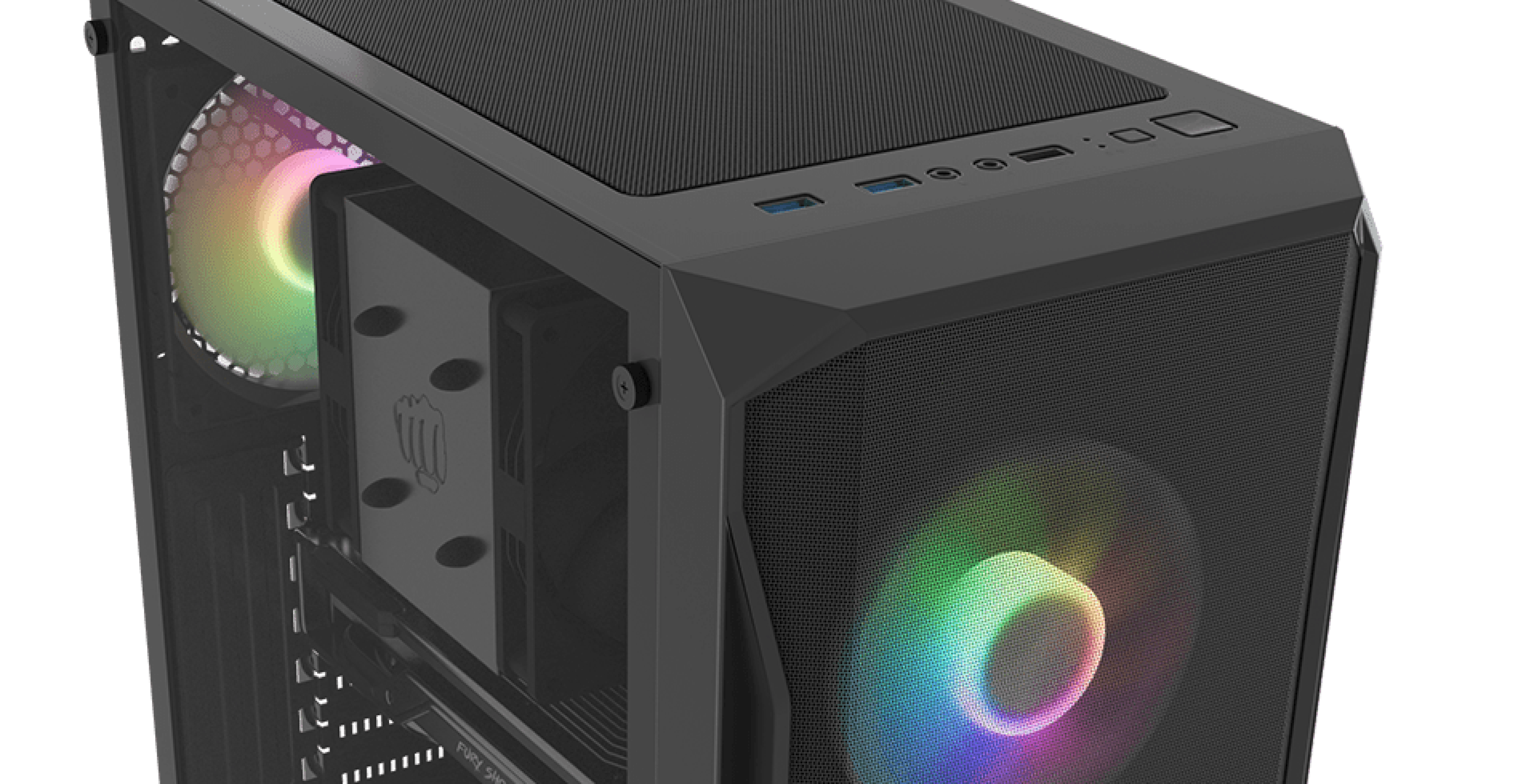 Czarna obudowa RGB typu midi tower z przezroczystym panelem bocznym i kolorowymi wentylatorami. Posiada górną wentylację i przednie porty