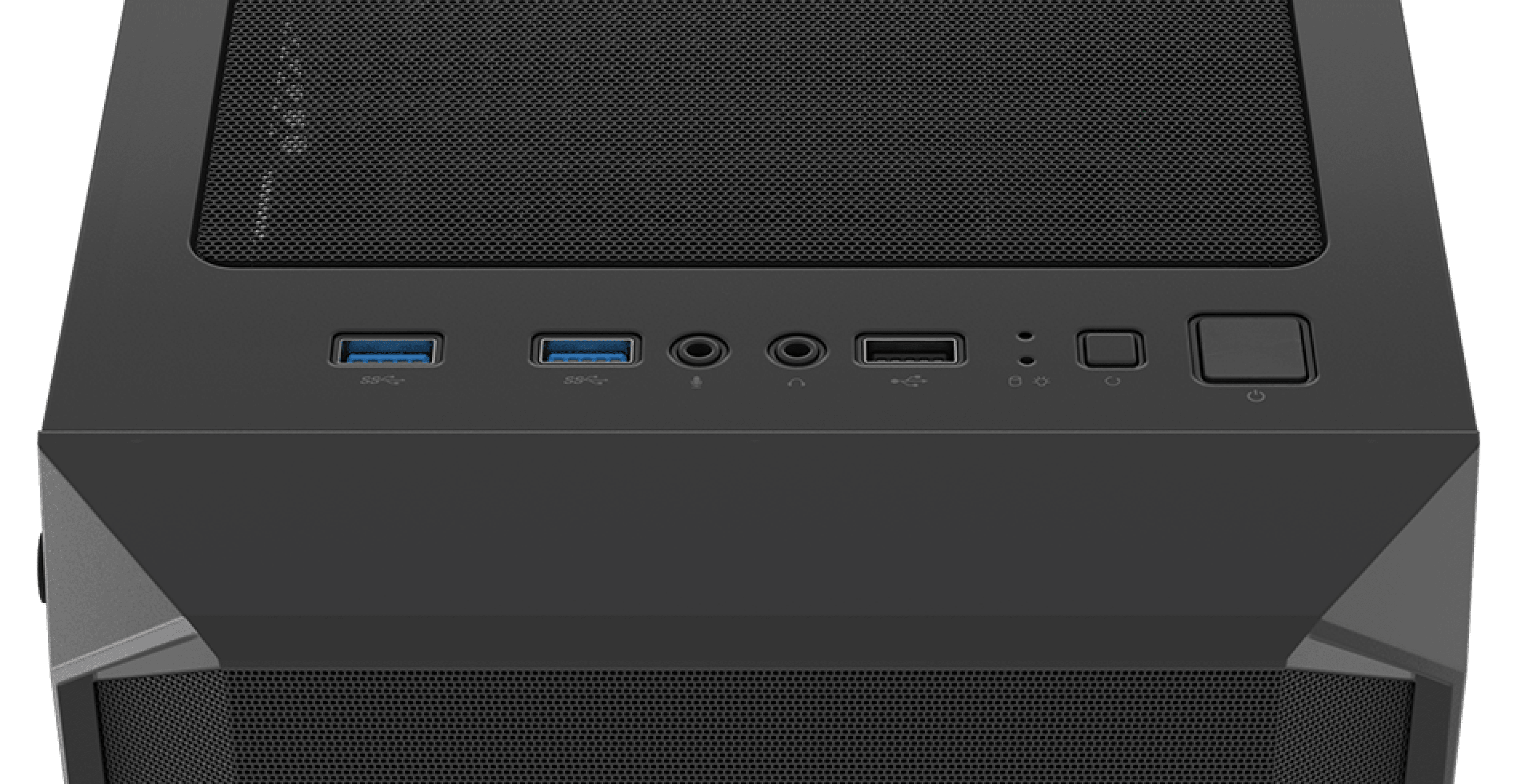 Czarna obudowa PC typu tower MIDI z oknem, wyposażona w porty USB i gniazda audio na górnym panelu