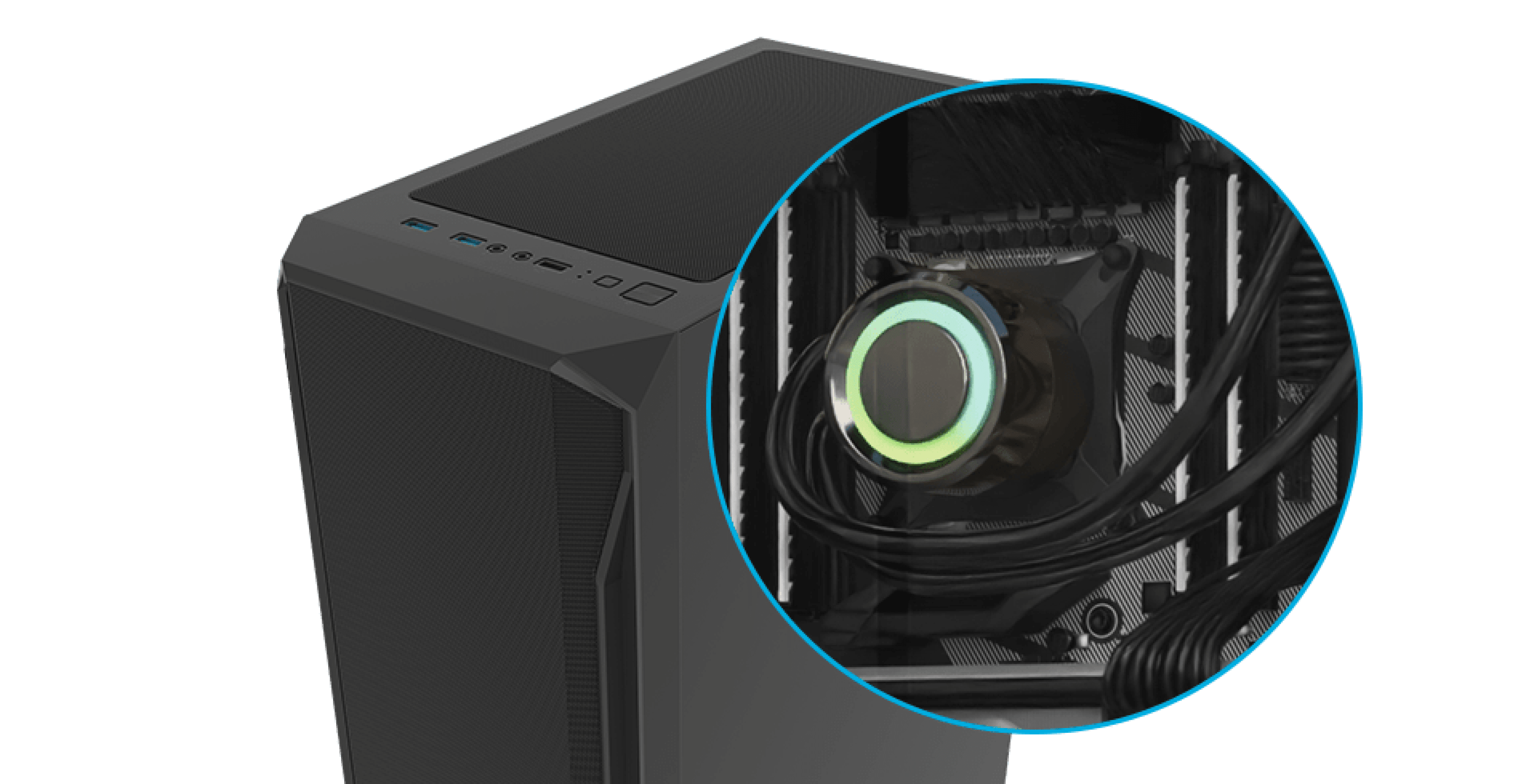 Czarna obudowa RGB MIDI typu tower z oknem, wyposażona w podświetlany system chłodzenia i panel sterowania