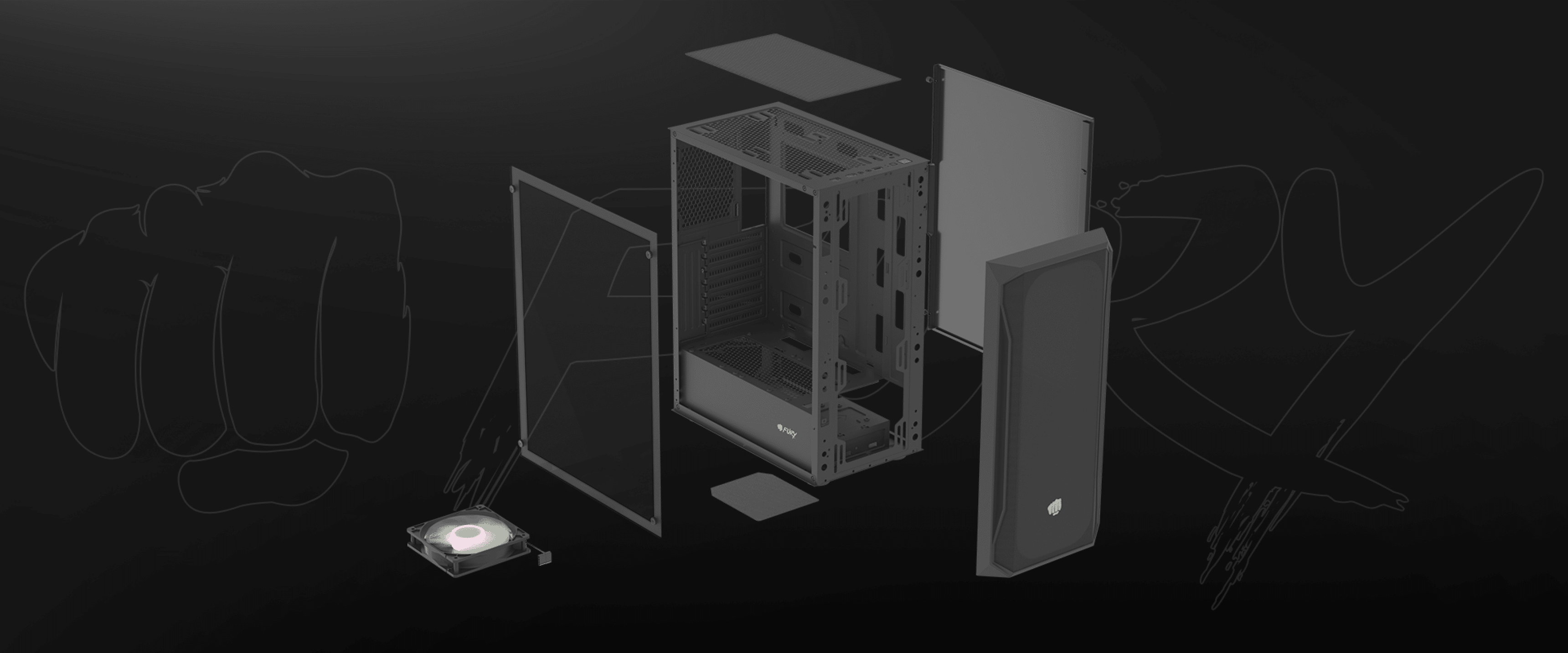 Czarna obudowa PC midi tower RGB z przezroczystym panelem bocznym i zdemontowanymi komponentami, prezentująca układ wnętrza.