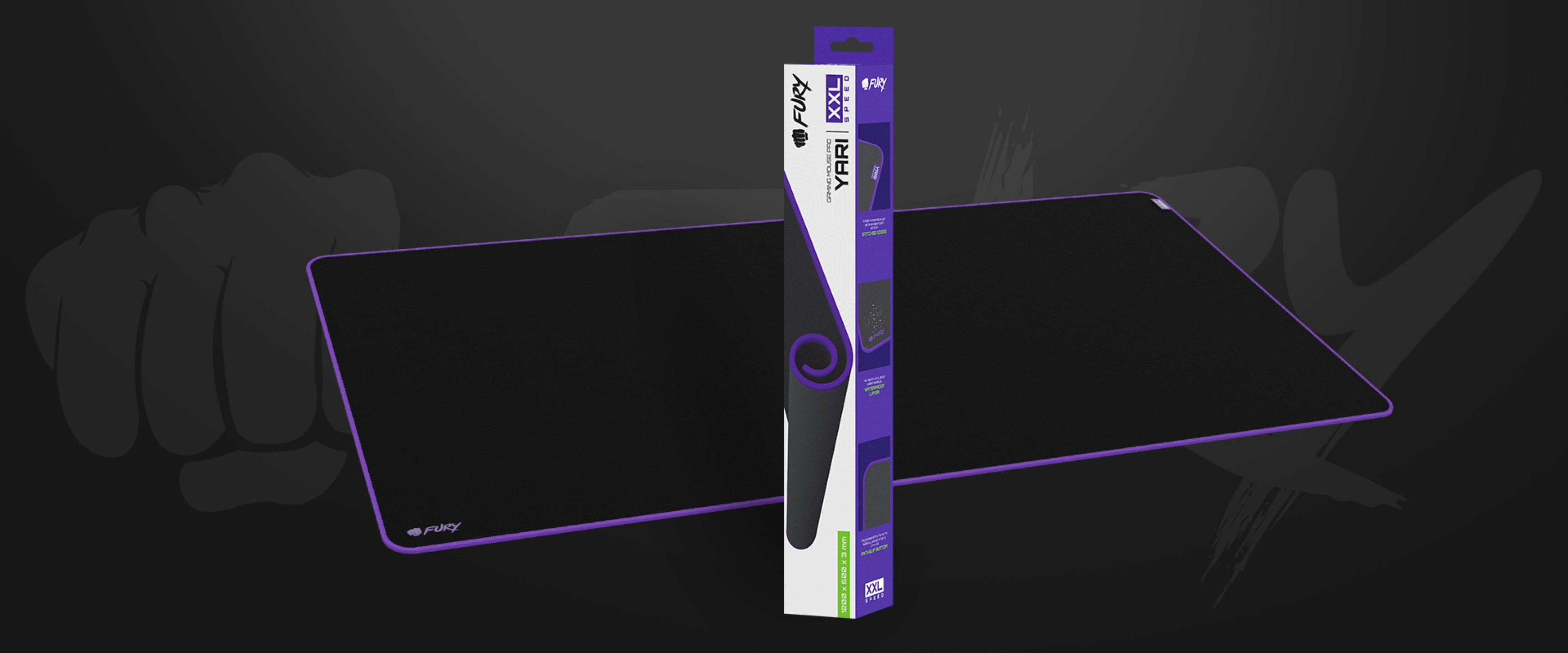Czarna podkładka pod mysz do gier Fury Yari Speed XXL, o wymiarach 1200 x 600 mm, prezentowana z opakowaniem na ciemnym tle.