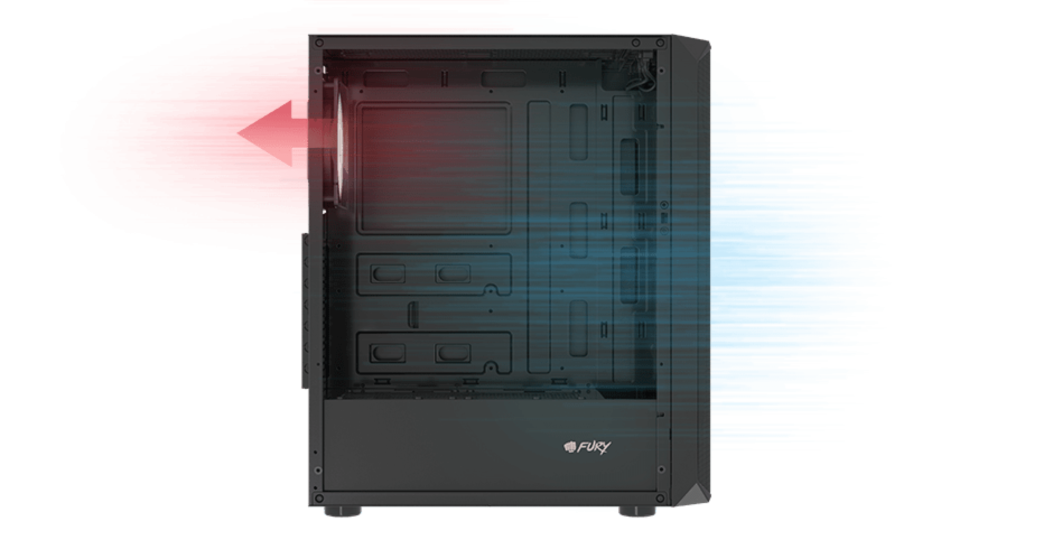 Czarna obudowa typu tower RGB MIDI z przezroczystym panelem bocznym, prezentującym wewnętrzny przepływ powietrza.