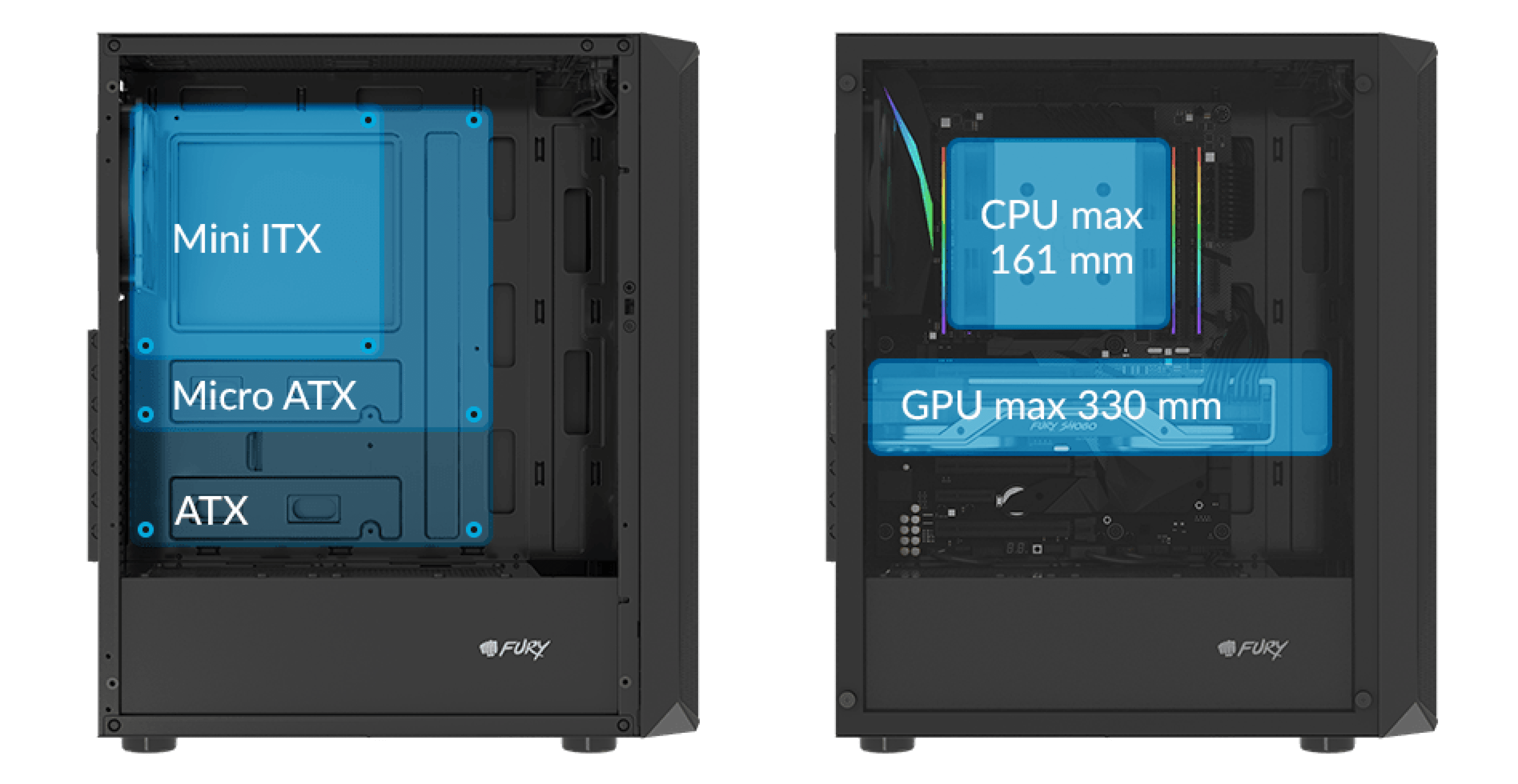 Czarna obudowa PC typu tower RGB MIDI z przezroczystym panelem bocznym, ze specyfikacjami dla Mini ITX, Micro ATX, ATX i maksymalnymi wymiarami dla CPU i GPU.