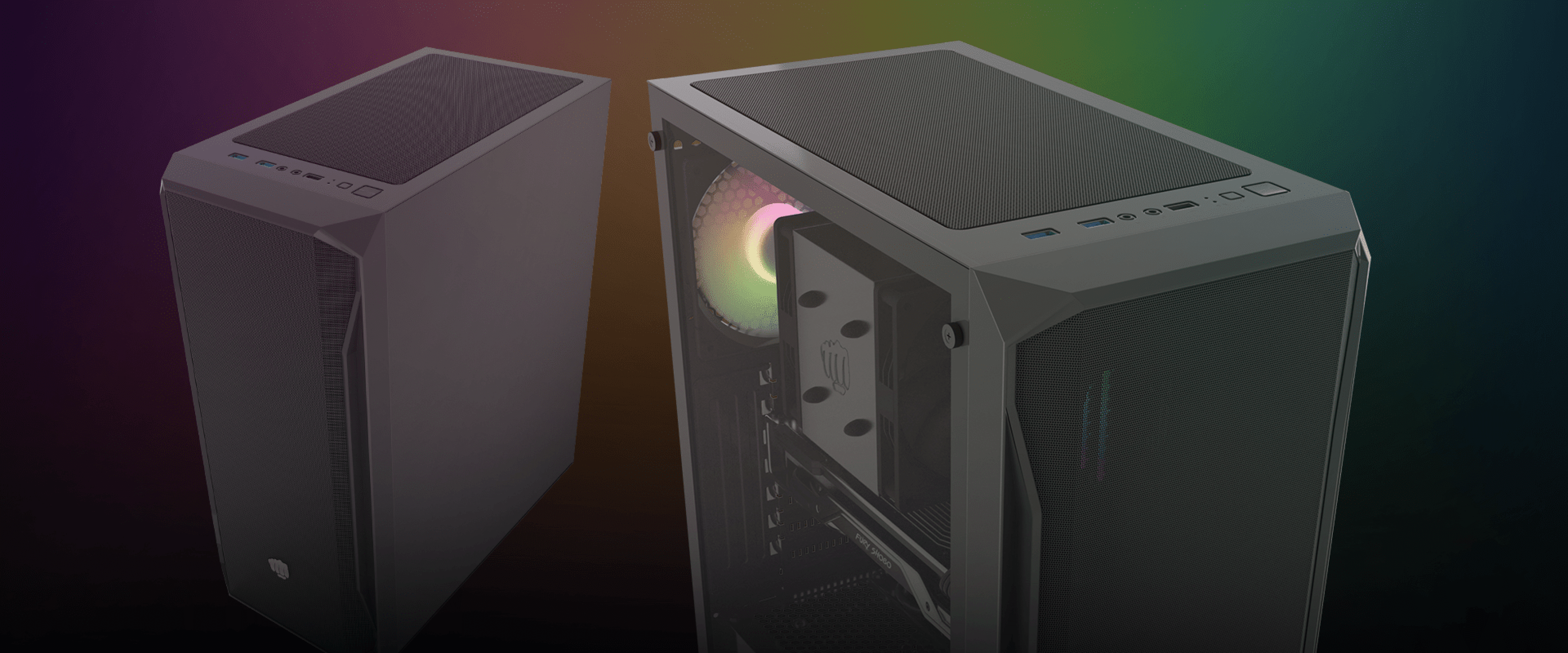 Czarna obudowa typu tower RGB MIDI z przezroczystym oknem, prezentującym wewnętrzne komponenty i kolorowe efekty świetlne.