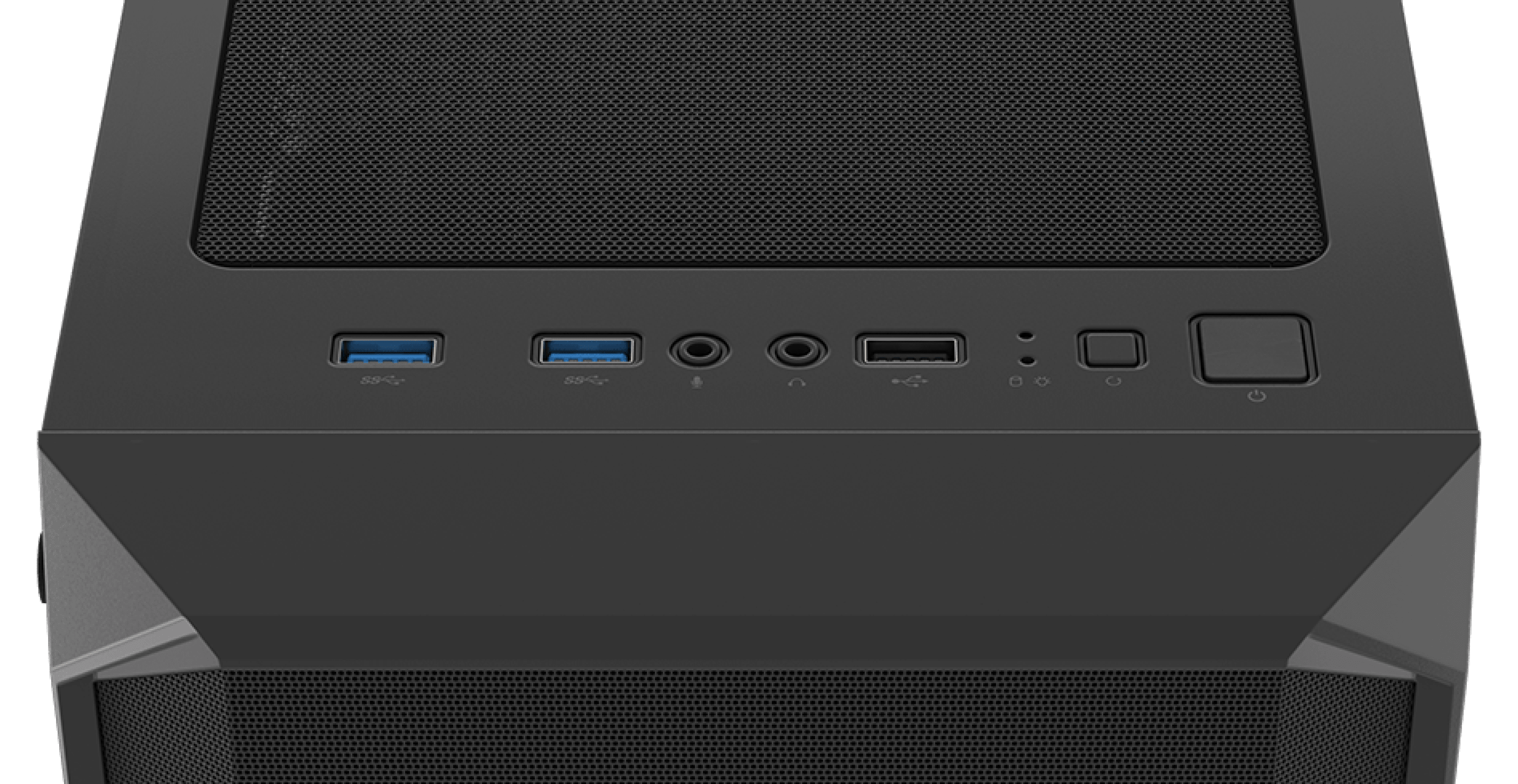 Czarna obudowa RGB MIDI typu tower z przezroczystym oknem i górnym panelem I/O wyposażonym w porty USB i gniazda audio.