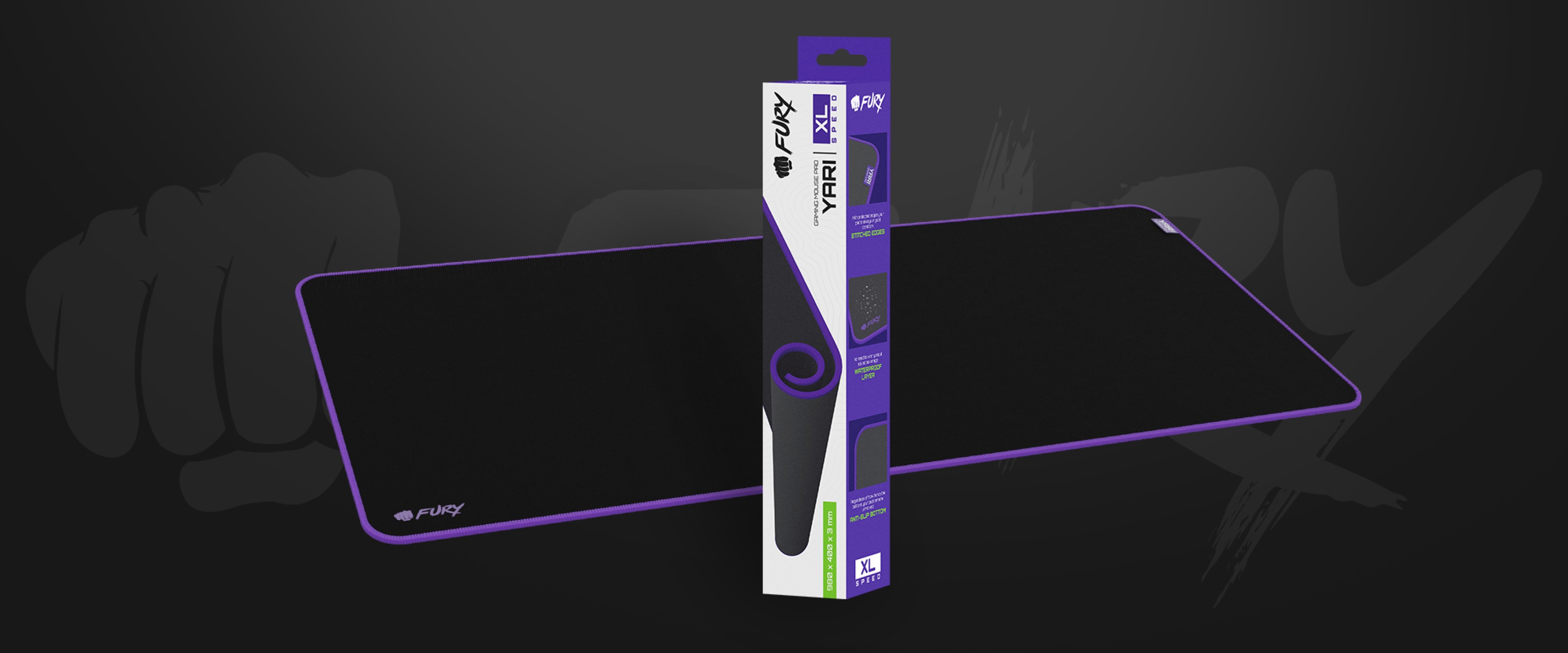 Czarna podkładka pod mysz Fury Yari Speed XL o wymiarach 980 x 400 mm, prezentowana obok opakowania na ciemnym tle.